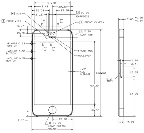 ｢iPhone 5｣の各部寸法などが詳しく記載された図面