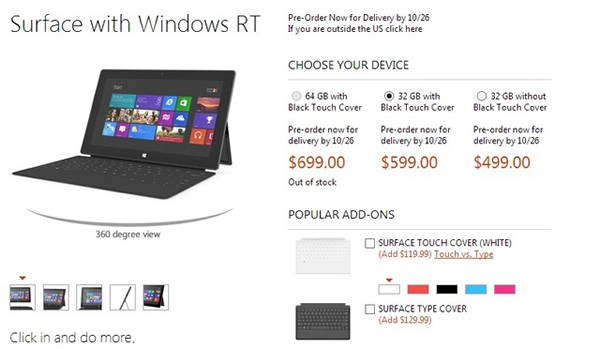 Microsoft、｢Surface｣(Windows RT版)の価格を発表　32GBモデルで499ドル〜