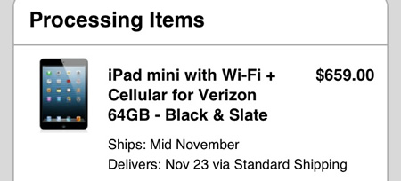 ｢iPad mini｣のWi-Fi＋Cellularモデル、米国では11月21日に配達予定