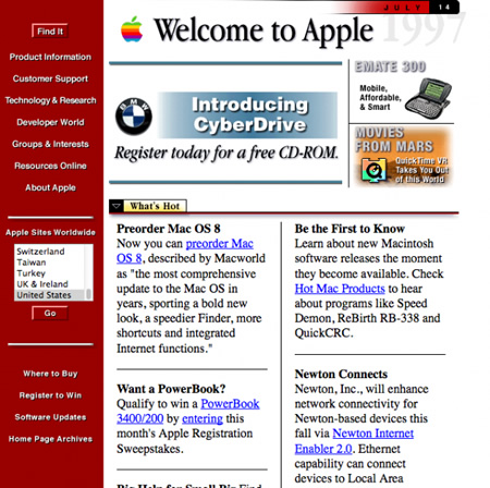 1996年から現在までのApple公式サイトのトップページを集めたスクリーンショットギャラリー