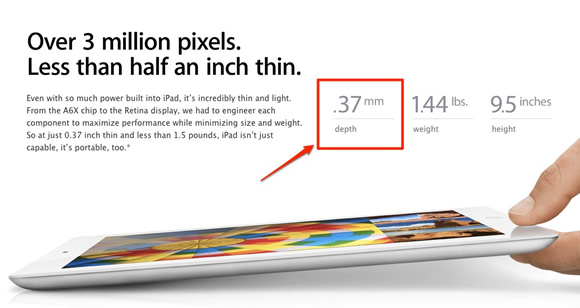 米Apple公式サイトの｢iPad (第4世代)｣の厚みに誤記が見つかる