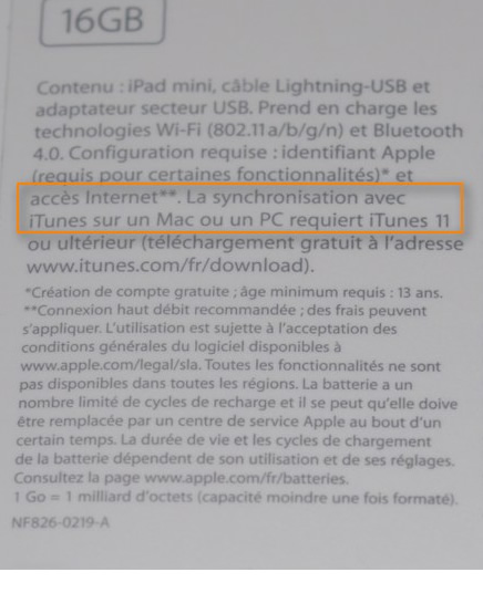 ｢iPad mini｣のパッケージに記載された必要条件の欄に｢iTunes 11｣の文字