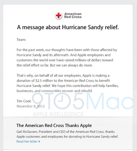 米Apple、ハリケーン｢Sandy｣の被害者支援で赤十字に約2億円を寄付