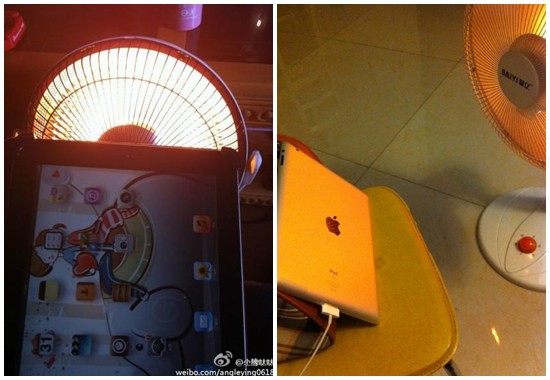 中国では寒過ぎて｢iPad｣が正常に充電出来ない為、温めながら充電している模様…