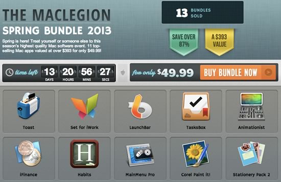 MacLegion、10本のMac向けアプリを87％オフの49.99ドルで販売する｢Spring Bundle 2013｣のセールを開催中