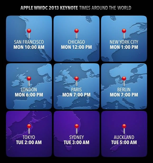 世界各国での｢WWDC 2013｣の基調講演の開始時間をまとめた画像