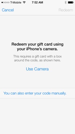 ｢iOS 7｣ではiOSデバイスのカメラを利用して｢iTunes Card｣の登録が可能に