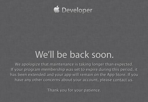 Appleの開発者向けサイト｢Dev Center｣が長時間のメンテナンス中