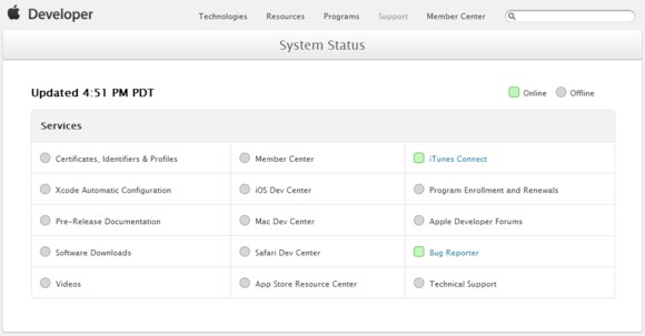 Apple、開発者向けサイトのシステム状況ページを公開