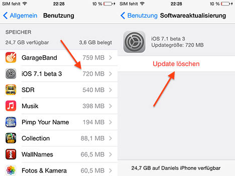 ｢iOS 7.1 beta 3｣ではOver The Airでダウンロードした｢iOS｣のアップデートファイルを削除する事が可能に