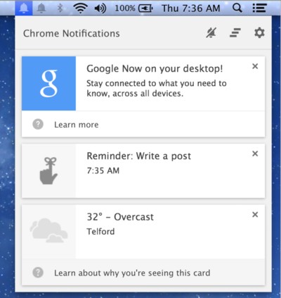 ｢Google Now｣の通知機能がMac版やWindows版の｢Chrome beta｣で利用可能に