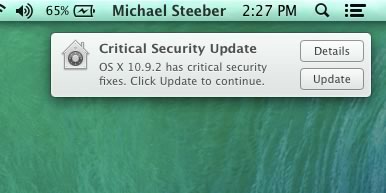 Apple、｢OS X 10.9.2｣へアップデートしていないユーザーに対し、重要なセキュリティアップデートがある事を通知