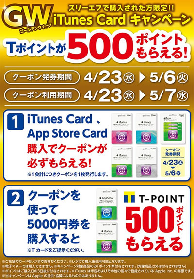 スリーエフ、iTunes Cardを買ってTポイントが貰える｢GW iTunesCardキャンペーン｣を開催中