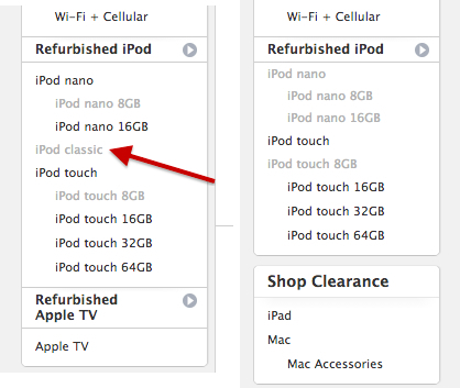 販売終了の前触れ?? Appleが米国などのApple Online Storeの整備済製品の一覧から｢iPod classic｣を削除