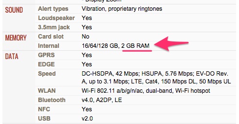 ｢iPhone 6 Plus｣のRAM（メモリ容量）は2GBか