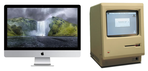 ｢iMac Retina 5Kディスプレイモデル｣と30年前の｢Macintosh 128K｣の画面解像度の違いが良く分かる画像