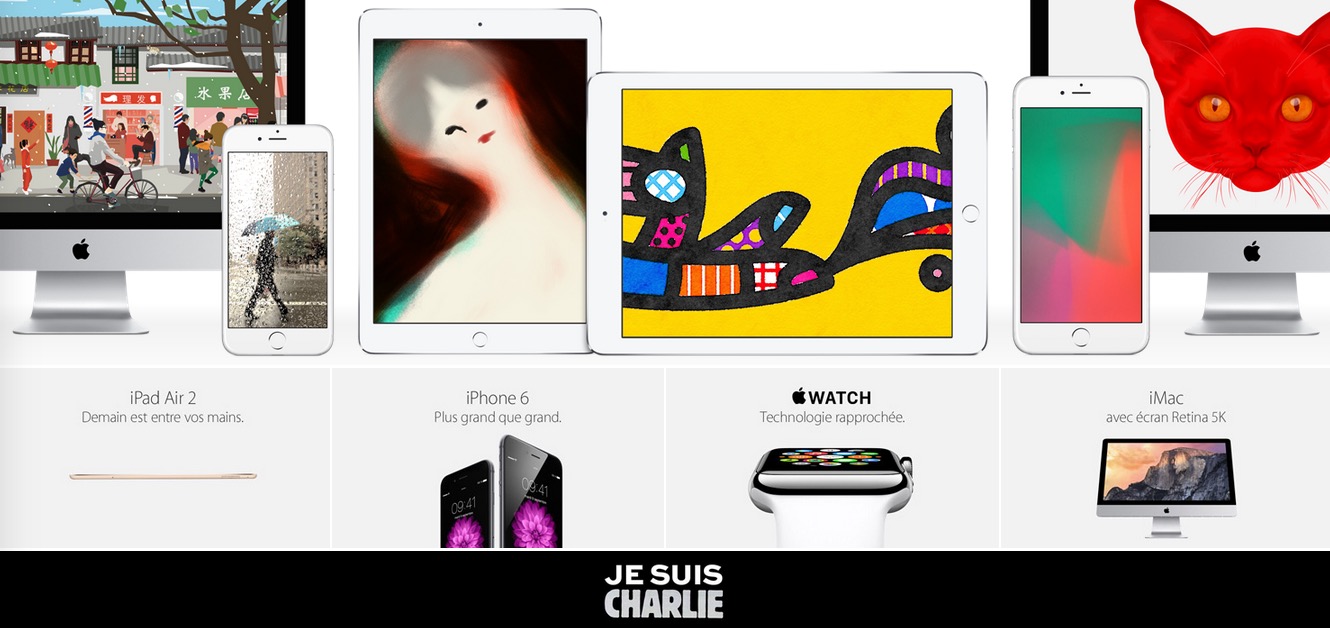 Apple、フランスの公式サイトに仏週刊紙「シャルリーエブド」の支援メッセージを掲載