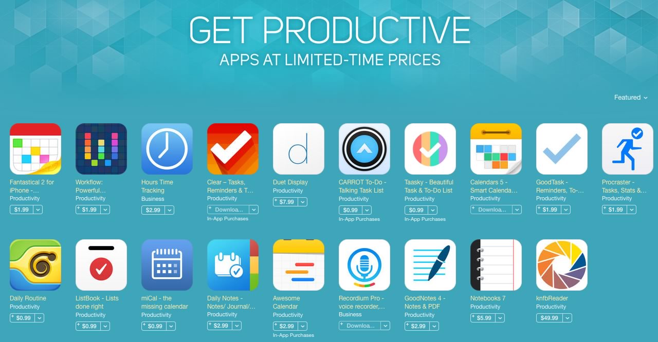 Apple、米App Storeで19本の人気生産性アプリを値下げする｢Get Productive｣のセールを開催