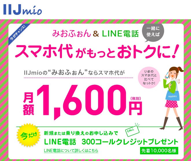 IIJmioの格安SIMを買うとLINE電話で使えるクレジットが貰えるキャンペーン
