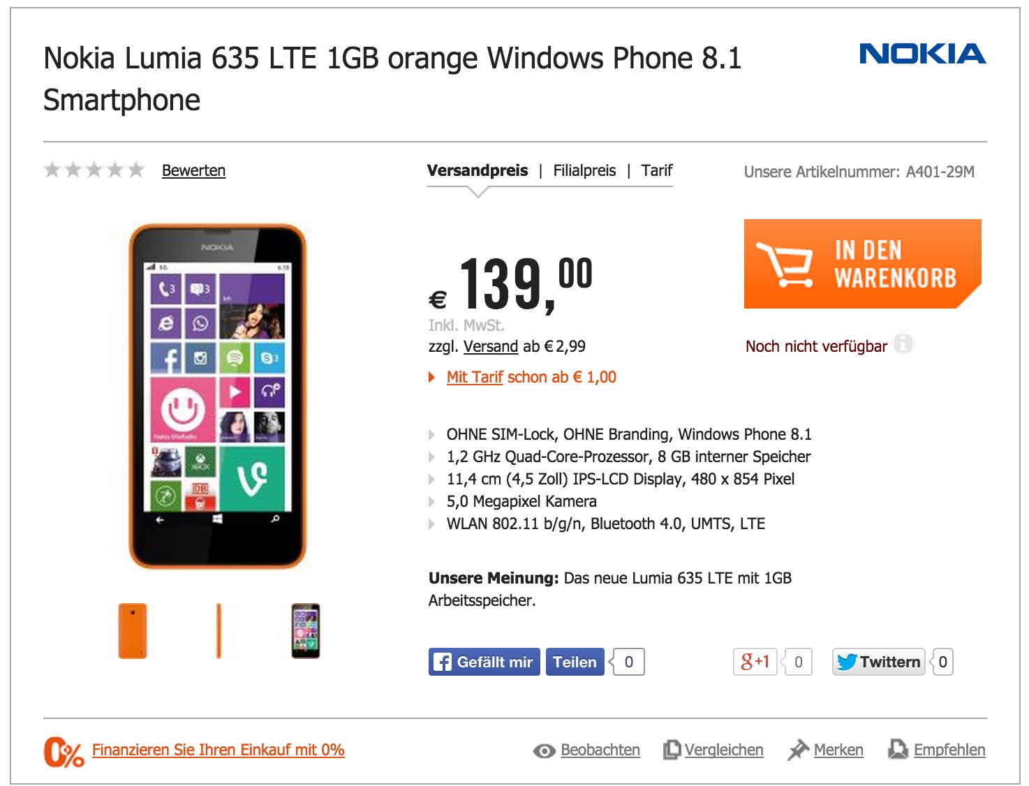 1GBのRAMを搭載した｢Lumia 635｣がドイツのオンラインストアに登場
