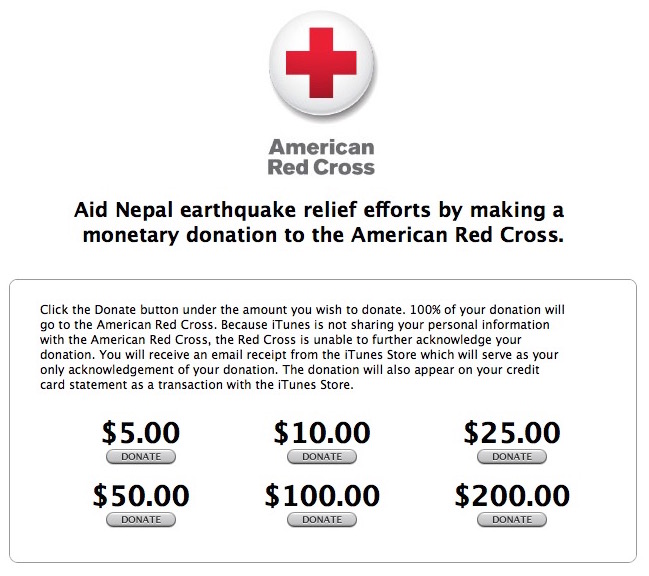 Apple、ネパール大地震の被災者支援の為に米iTunes Storeで寄付金の受付を開始