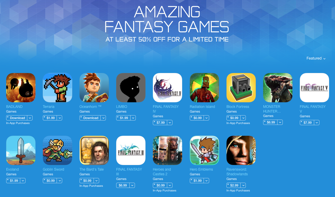 App Storeにて各種人気ゲームアプリが半額以下の｢Amazing Fantasy Games｣のセール開催中