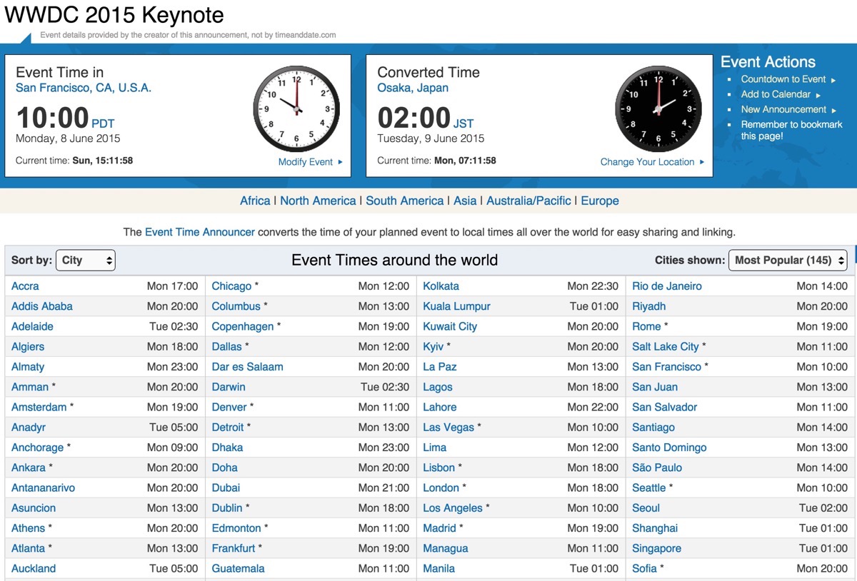 ｢WWDC 2015｣の基調講演の世界各国での開始時間をまとめて確認出来るサイト