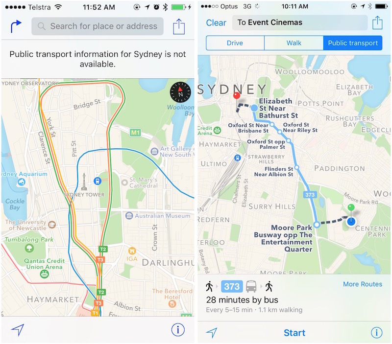 ｢iOS 9｣のマップアプリの乗換案内機能 ｰ 豪シドニーで正式に利用可能に
