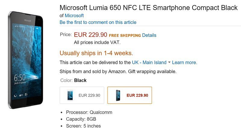 フランスのAmazon、｢Lumia 650｣の販売を開始