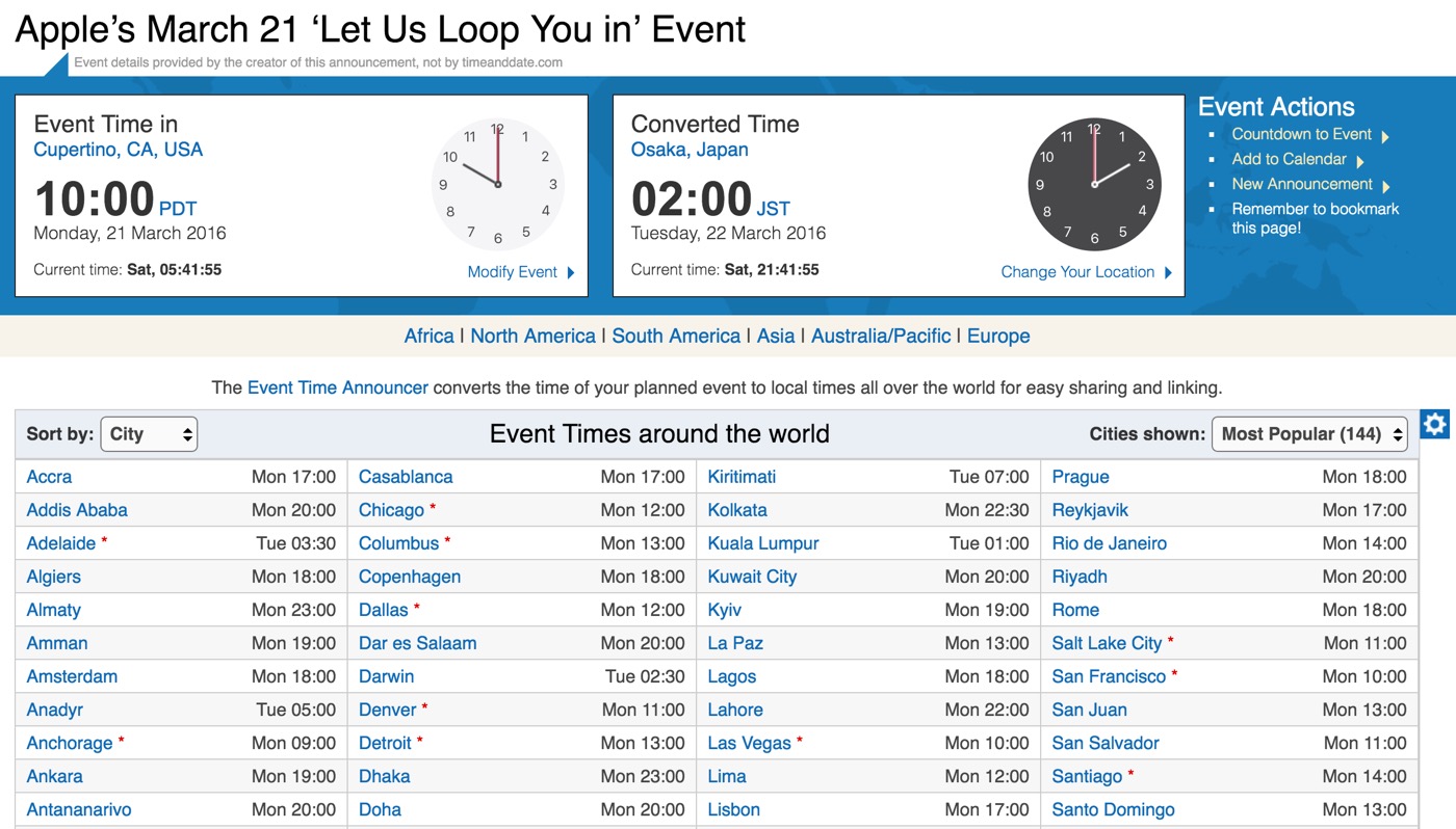 Appleのスペシャルイベント｢Let Us Loop You in｣の世界各国での開始時間をまとめて確認出来るサイト