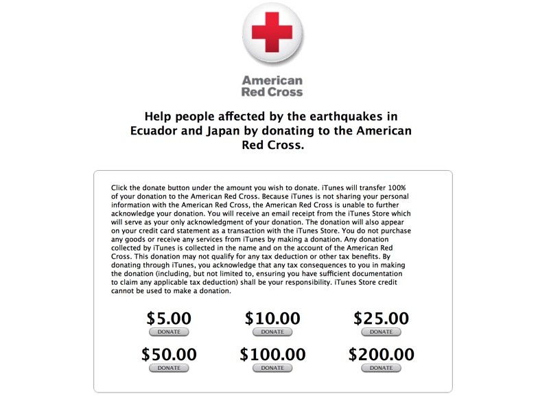 Apple、米iTunes Storeにて熊本とエクアドルで発生した地震の被災者支援の募金受付を開始