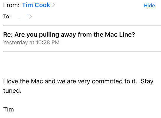 Appleのティム・クックCEO、新型｢Mac｣に関する問い合わせに｢乞うご期待｣と返答