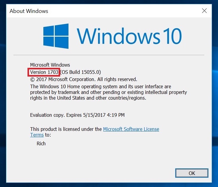 ｢Windows 10 Creators Update｣のバージョン番号は｢1703｣である事が確認される
