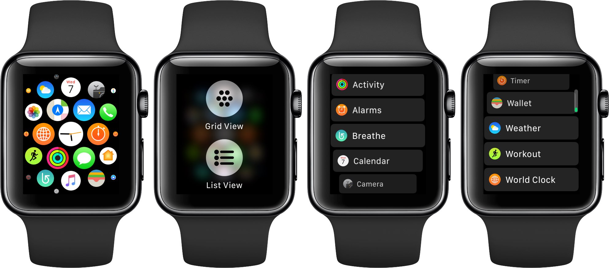 ｢watchOS 4｣ではホーム画面のアプリのアイコンをリスト表示に変更することが可能に