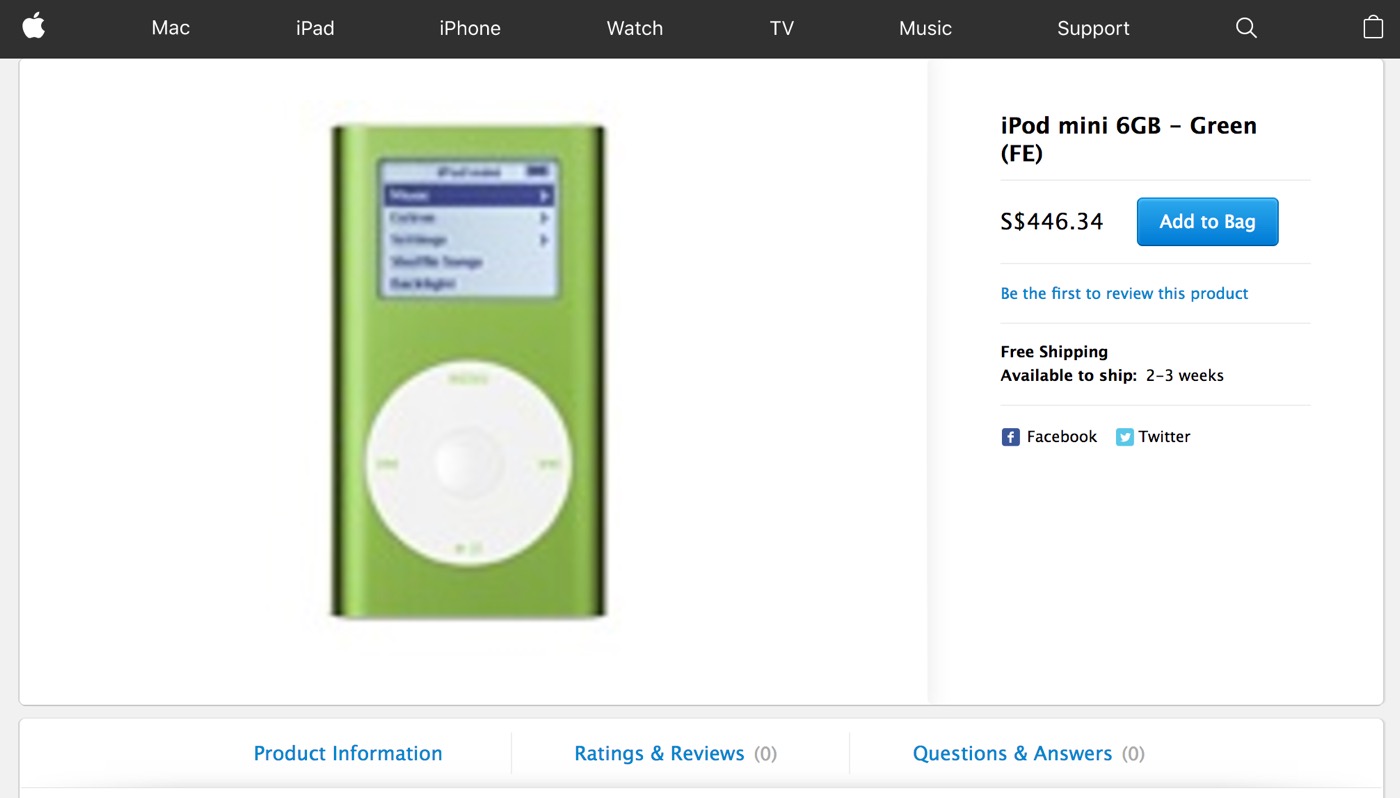 2005年に販売終了となった｢iPod mini｣がAppleのオンラインストアに登場