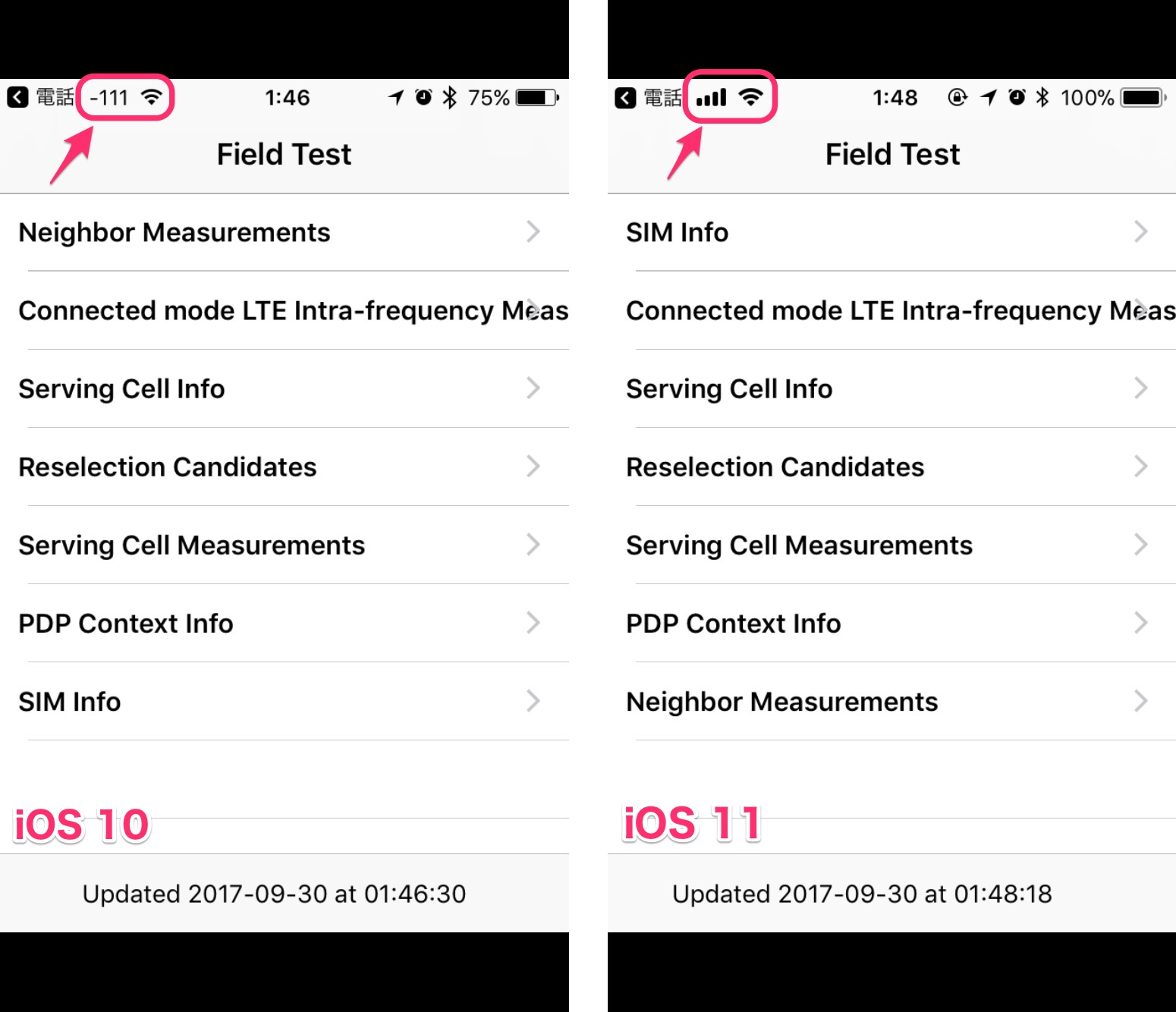 ｢iOS 11｣ではフィールドテストモードを利用して電波強度を数値化出来なくなっている事が明らかに