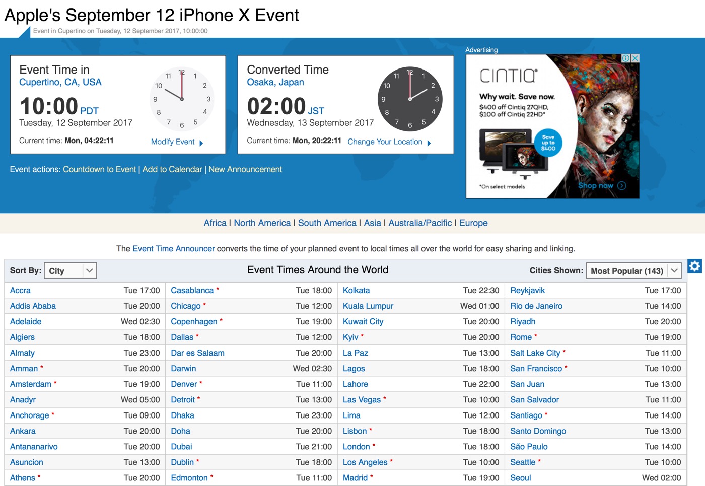 ｢iPhone X｣発表イベントの世界各国での開始時間をまとめて確認出来るサイト