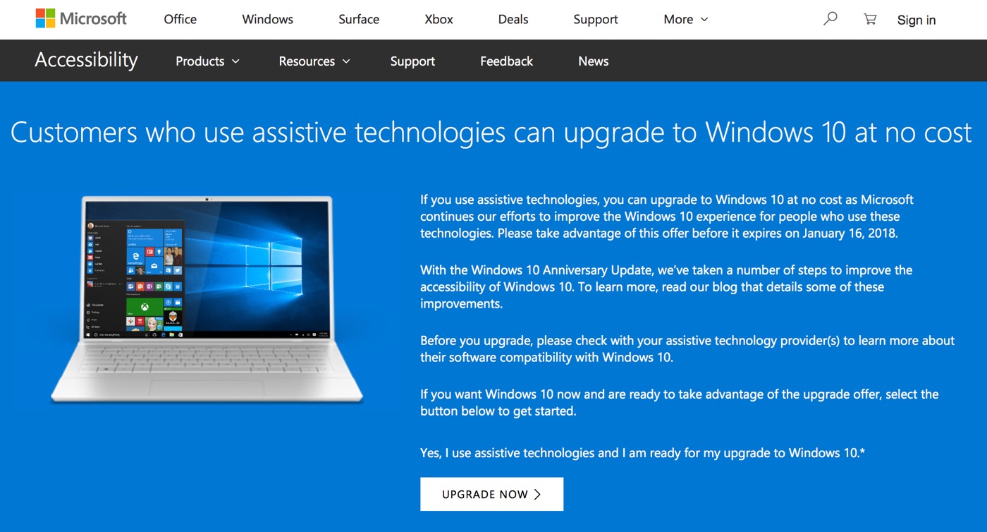 Microsoft、障がい者支援機能の利用者向け｢Windows 10｣の無償アップグレードの期限を1月16日まで延長