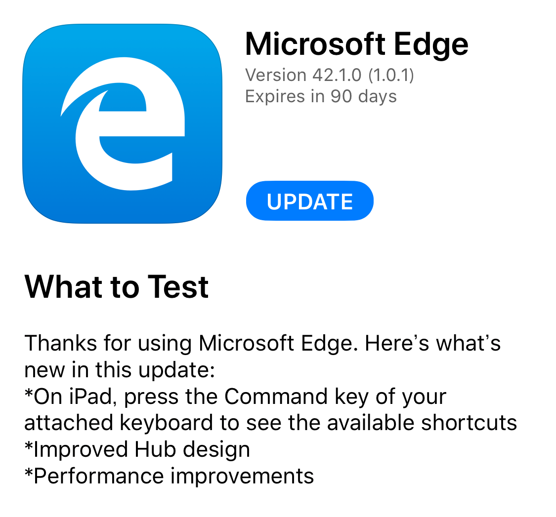 Microsoft、｢Microsoft Edge for iOS｣の最新のベータ版（ver 42.1.0）を公開 － ハブのUI刷新など