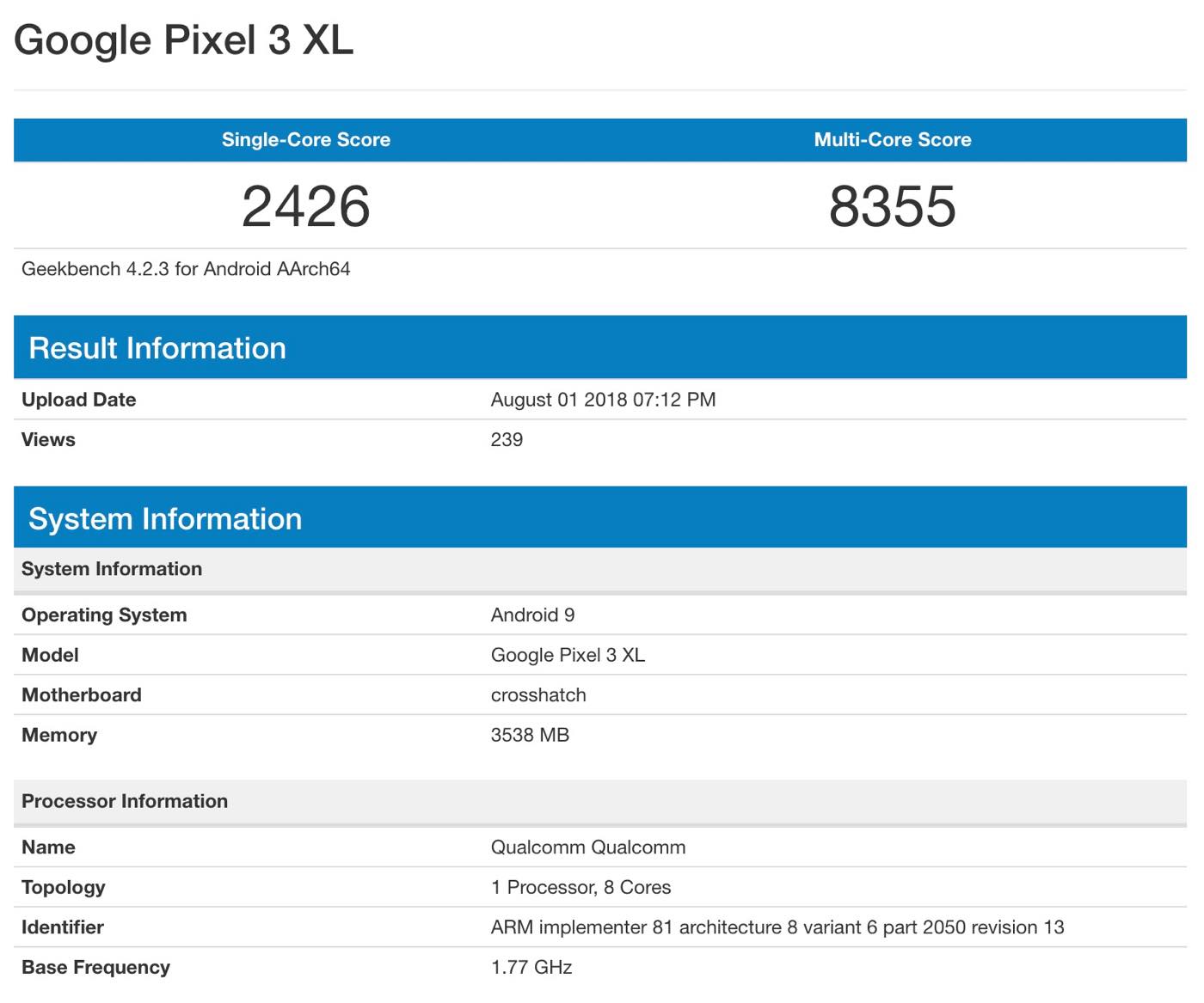 Googleの新型スマホ｢Pixel 3 XL｣とみられるデバイスがGeekbenchのデータベースに登場