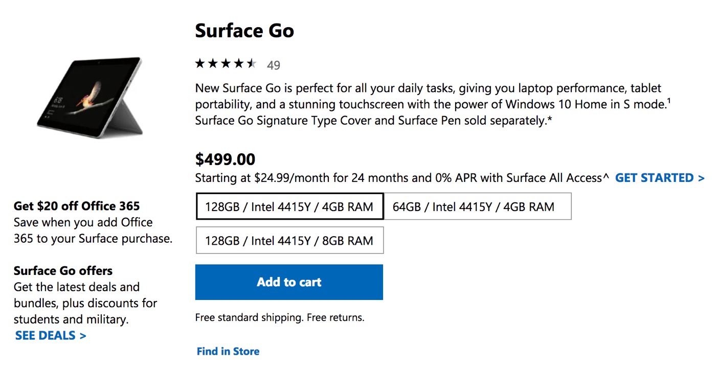 Microsoft、米国で｢Surface Go｣の4GB/128GBモデルを販売開始
