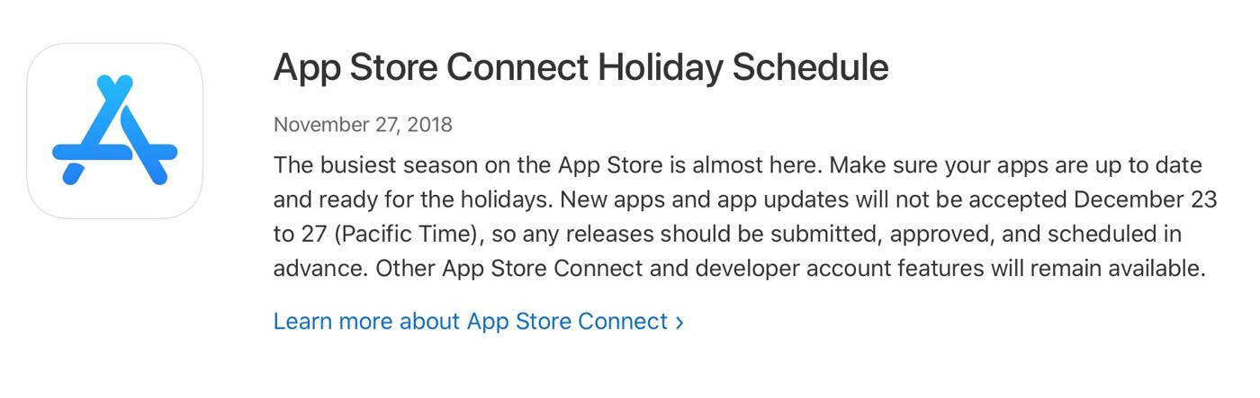 ｢App Store Connect｣、今年は12月23日〜27日がクリスマス休暇に