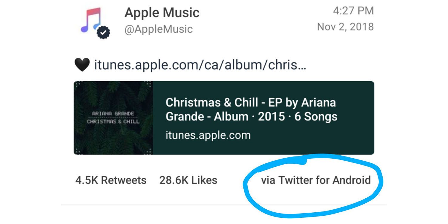 ｢Apple Music｣の公式TwitterアカウントがAndroid端末からツイートしていた事が判明し話題に