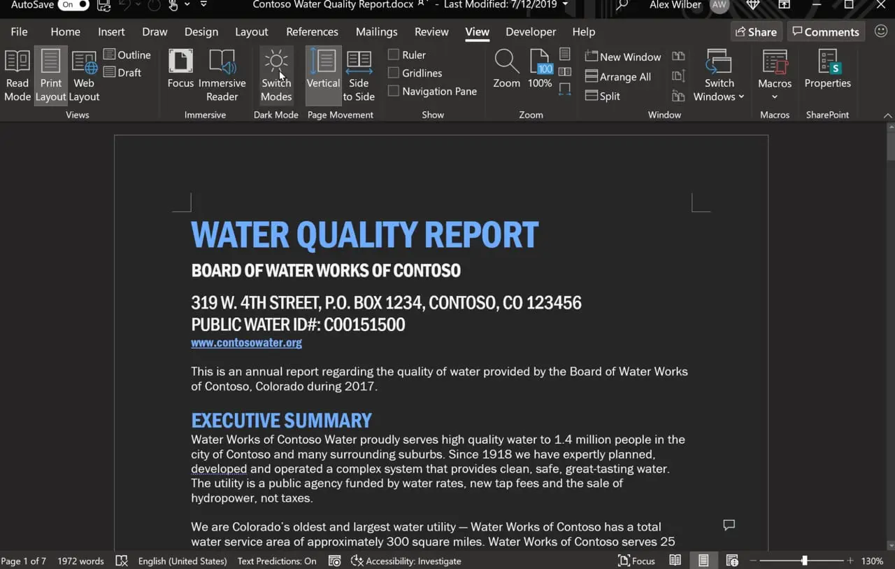 Microsoft Word のキャンパスまで真っ黒になるダークモードをテスト中 気になる 記になる