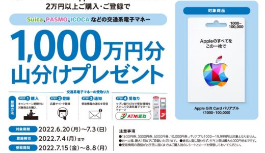 セブンイレブン、｢Apple Gift Card バリアブル｣を2万円以上購入で交通系電子マネー最大4,000円分が貰えるキャンペーンを開始