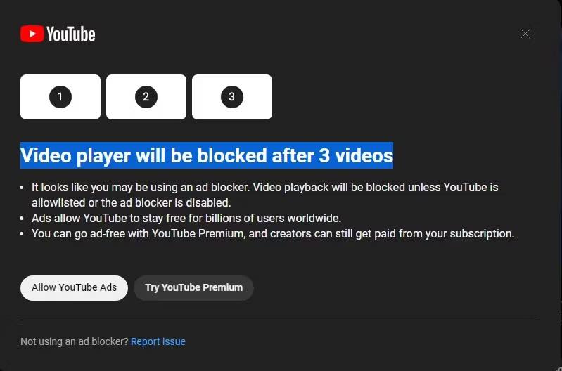 YouTube、広告ブロッカーに対してより積極的なアプローチをテスト中 − 警告3回表示で動画再生をブロックか