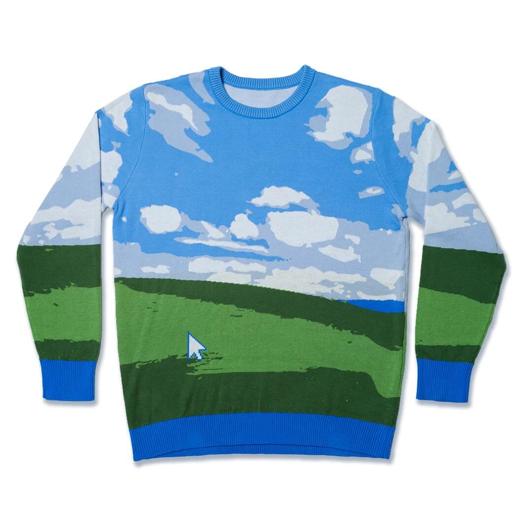 毎年恒例のMicrosoftのダサいセーター、今年は｢Windows XP｣の草原壁紙のデザインに