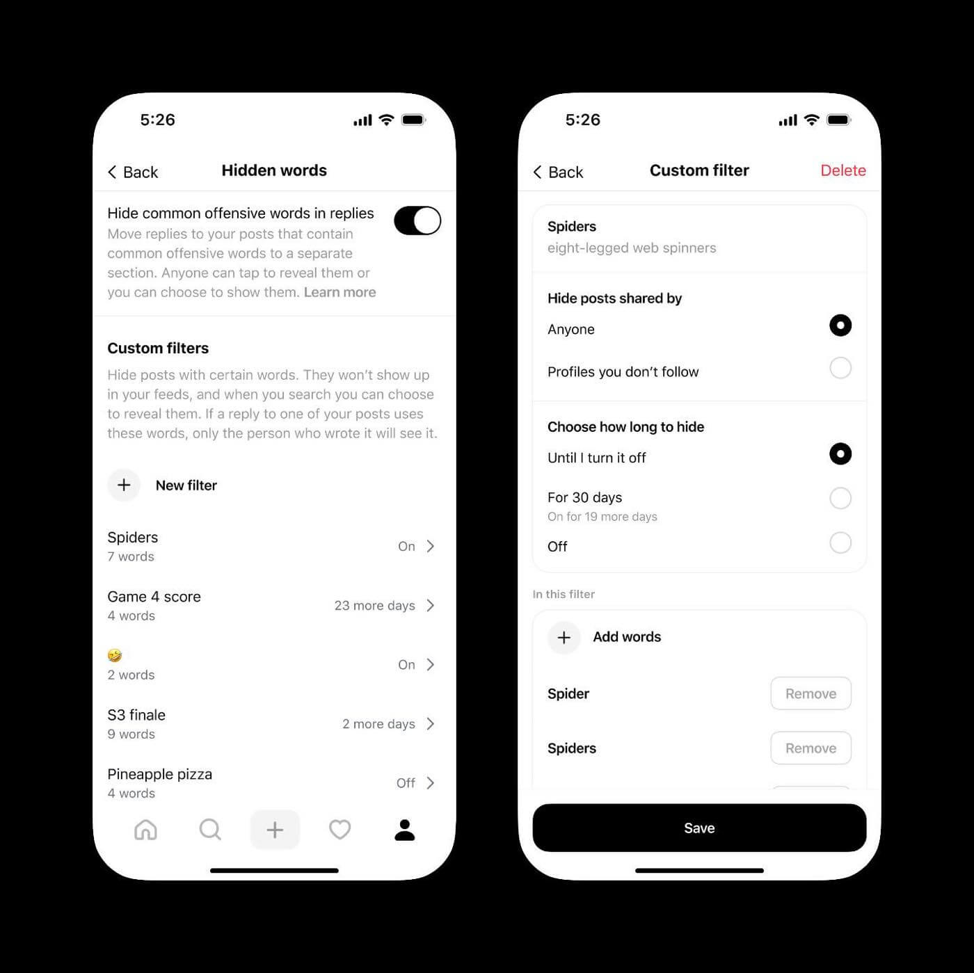 Threads、Instagramから独立した非表示ワードの機能を導入