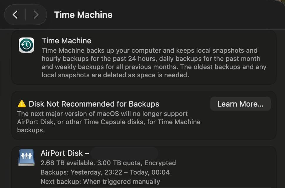 「macOS 27」ではTime Machineのバックアップ先として「AirMac Time Capsule」は利用出来なくなる模様