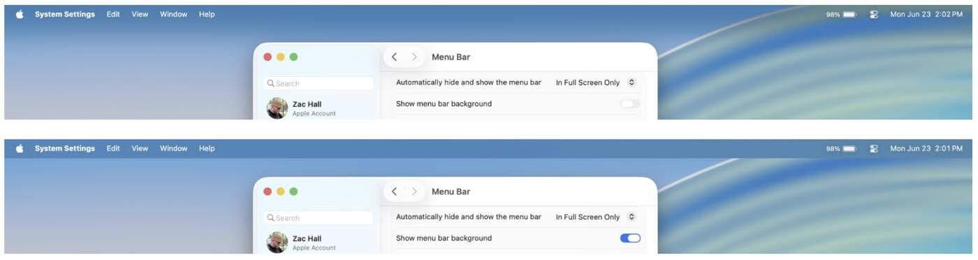 「macOS Tahoe 26 beta 2」ではメニューバーの背景を有効化出来るように